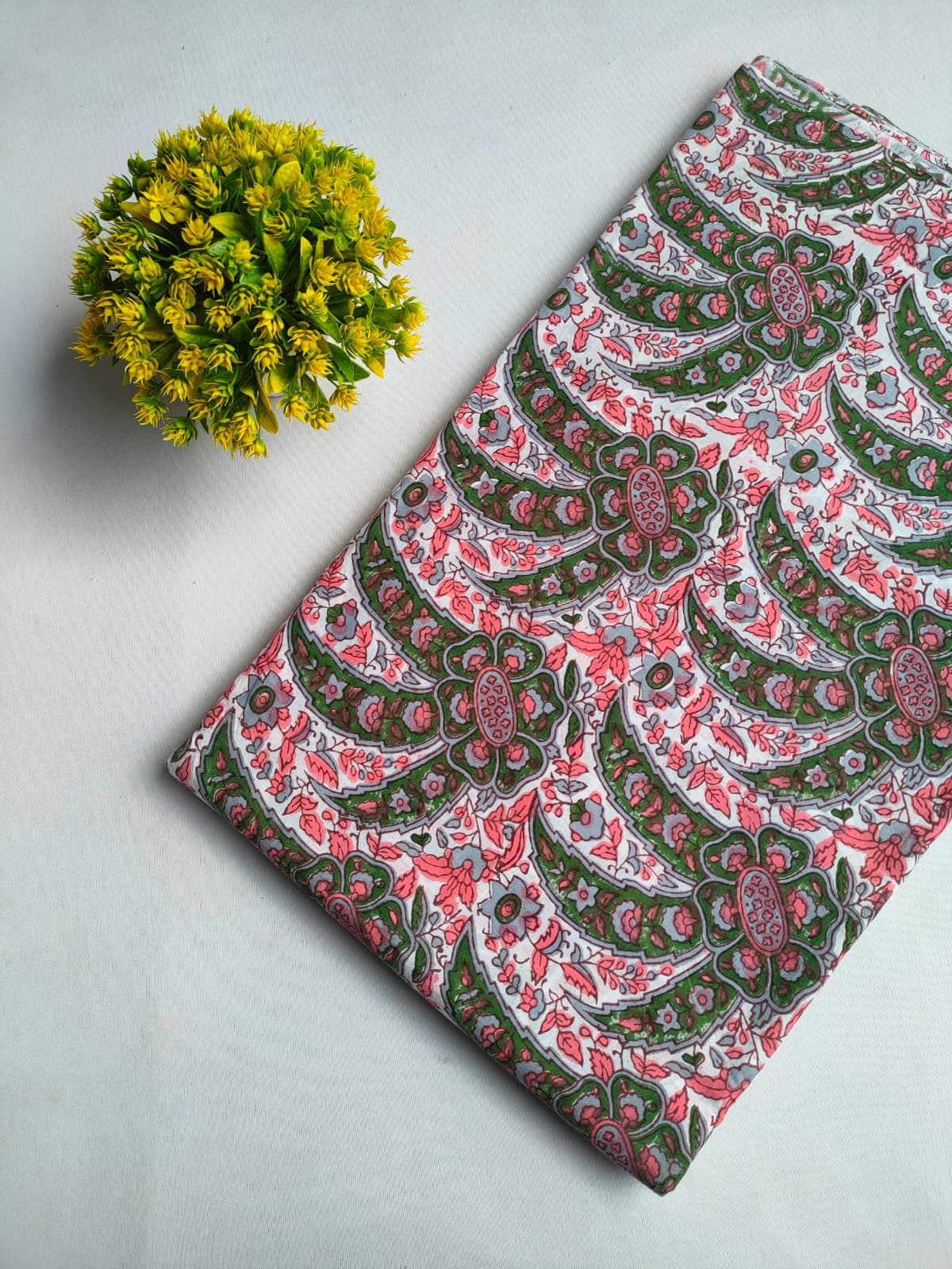 White Green Pink Floral Vine Sanganeri Print Pure Cotton Fabric From Tulsi Prints