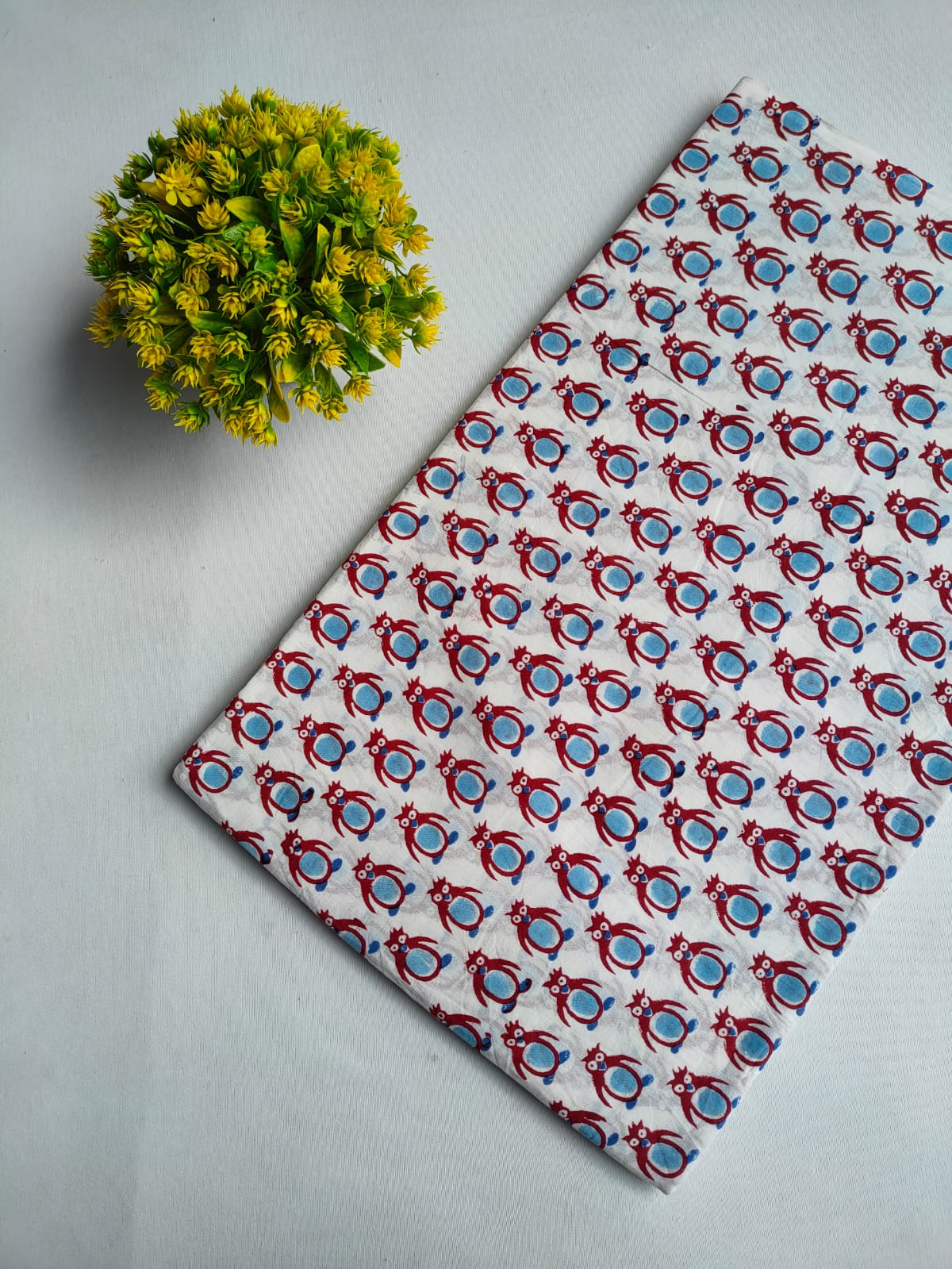 Off White Owl Motif Sanganeri Block Print Pure Cotton Fabric From Tulsi Prints