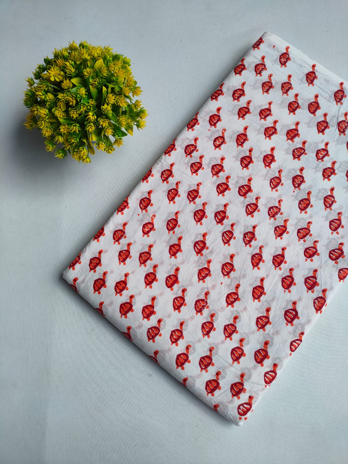 White Turtle Motif Sanganeri Block Print Pure Cotton Fabric From Tulsi Prints