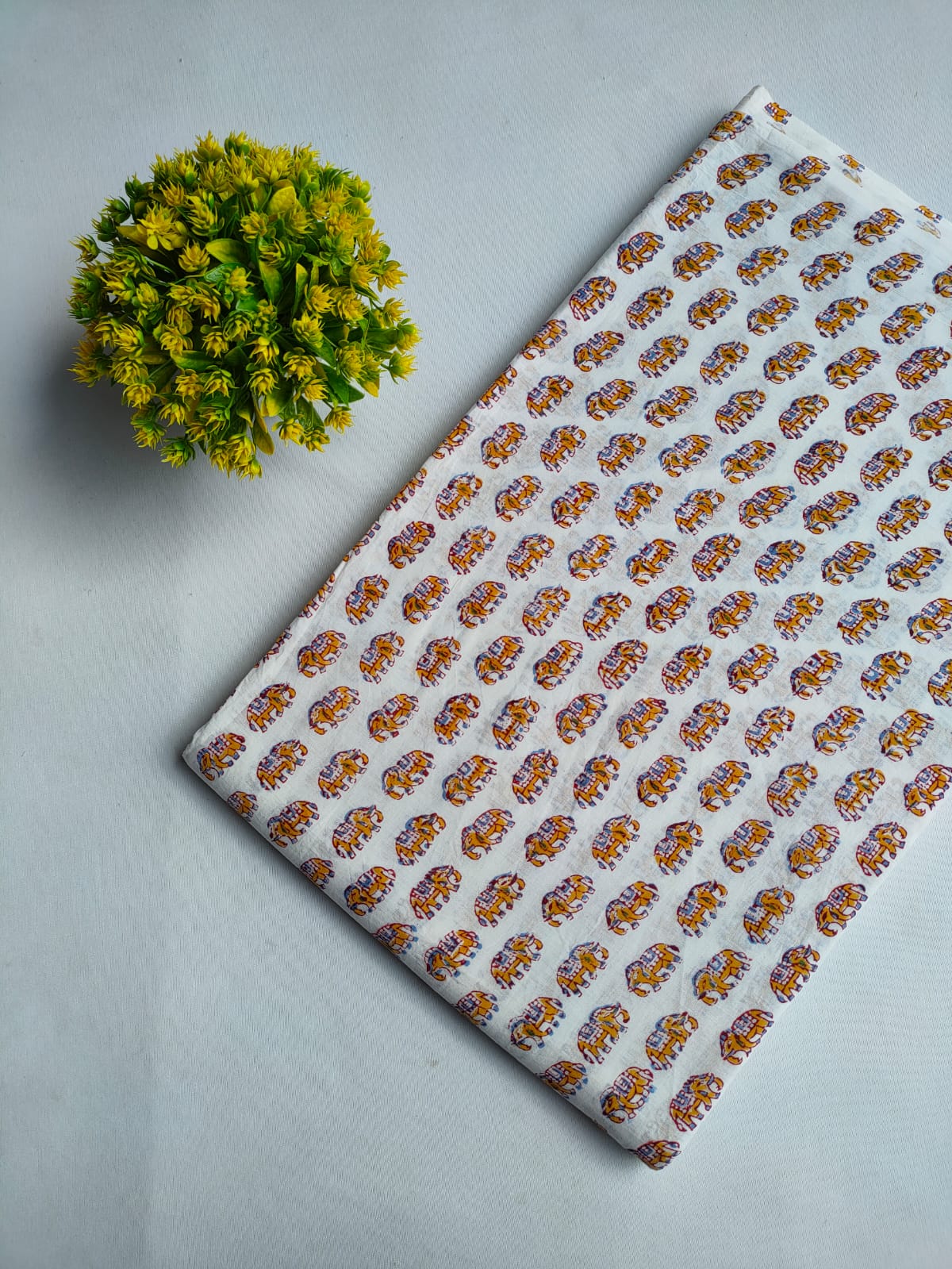 White Elephant Motif Sanganeri Block Print Pure Cotton Fabric From Tulsi Prints