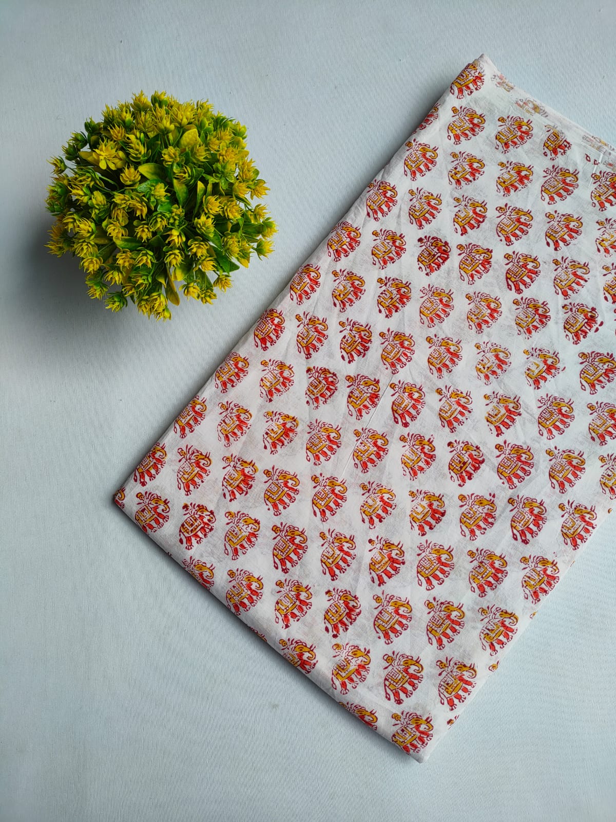 Off White Elephant Motif Jaipuri Hand Block Print Pure Cotton Fabric From Tulsi Prints