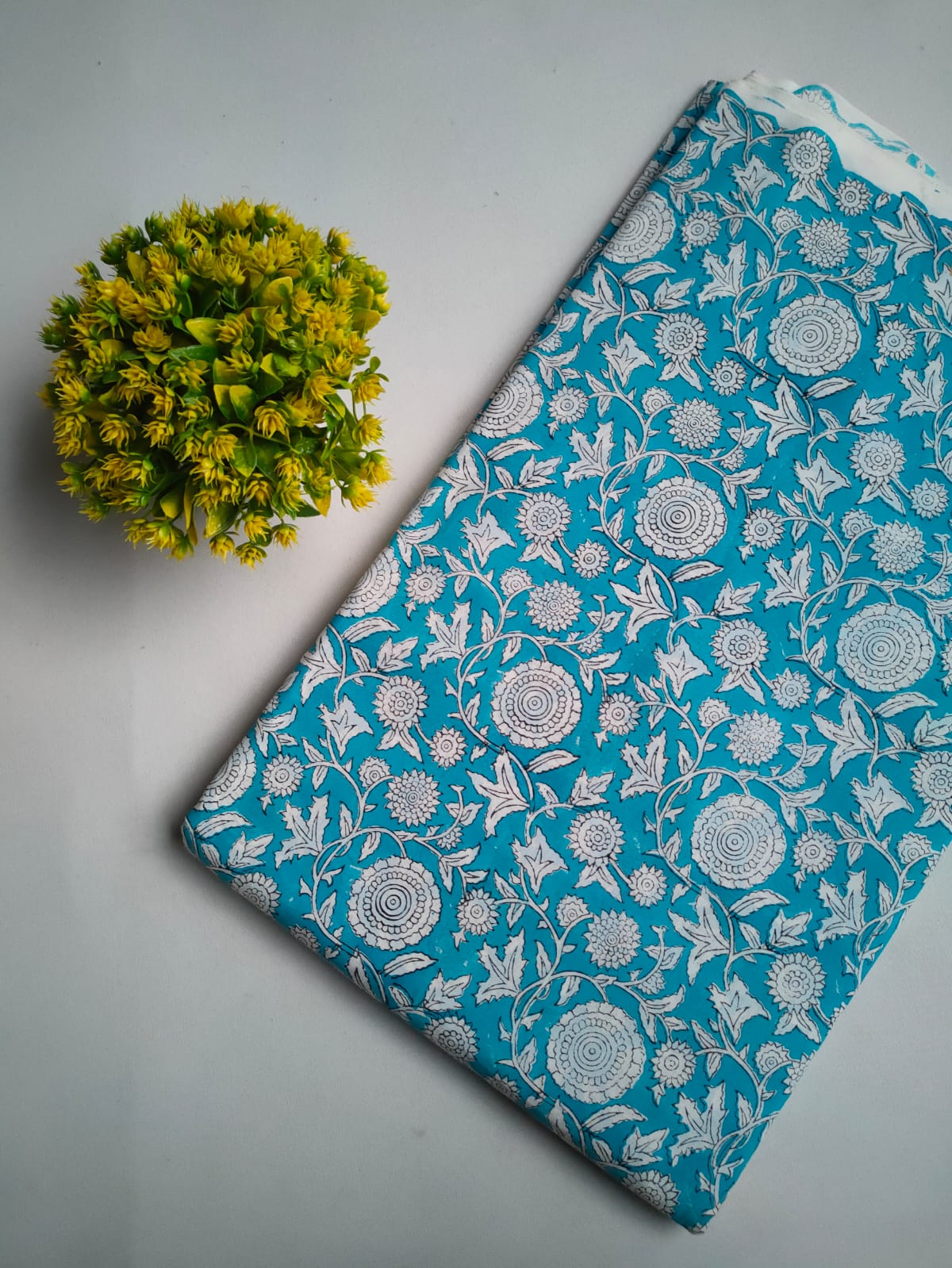 Turquoise Blue Floral Vine Sanganeri Block Print Pure Cotton Fabric From Tulsi Prints