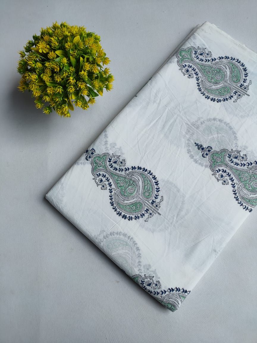 White Paisley Motif Jaipuri Hand Block Print Pure Cotton Fabric From Tulsi Prints