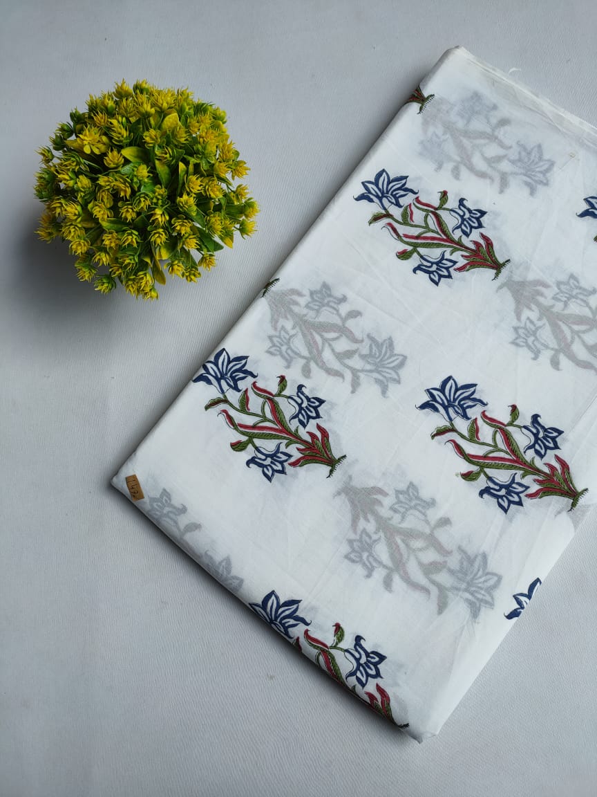 White Floral Vine Sanganeri Block Print Pure Cotton Fabric From Tulsi Prints