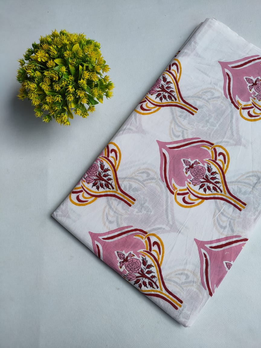 White Pink Paisley Motif Sanganeri Print Pure Cotton Fabric From Tulsi Prints