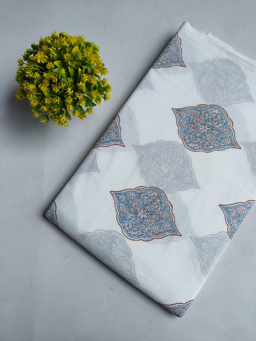 White Blue Floral Motif Jaipuri Hand Block Print Pure Cotton Fabric From Tulsi Prints