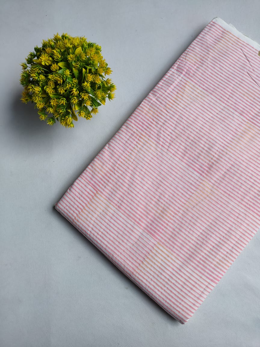 White Pink Striped Jaipuri Hand Block Print Pure Cotton Fabric From Tulsi Prints