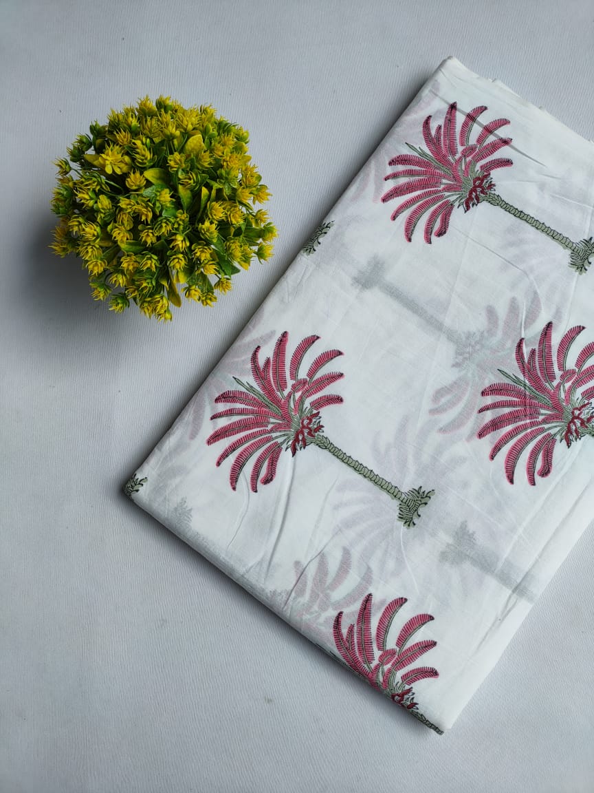 White Tropical Palm Motif Sanganeri Hand Block Print Pure Cotton Fabric From Tulsi Prints