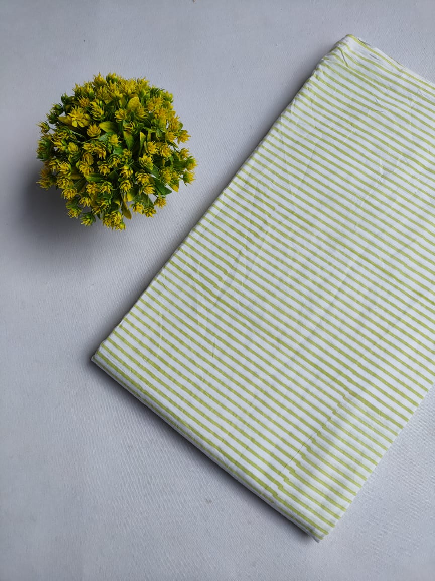 White and Green Striped Jaipuri Hand Block Print Pure Cotton Fabric From Tulsi Prints