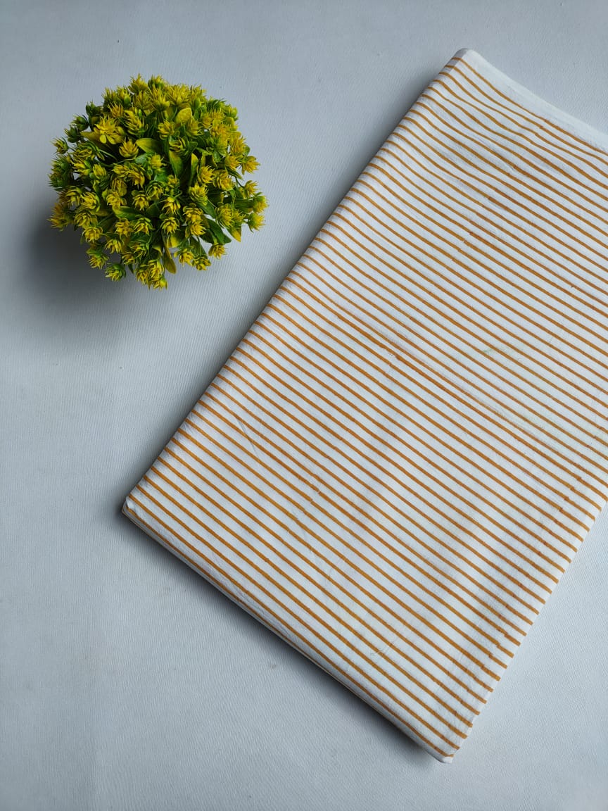 White And Mustard Yellow Striped Sanganeri Hand Block Print Pure Cotton Fabric From Tulsi Prints