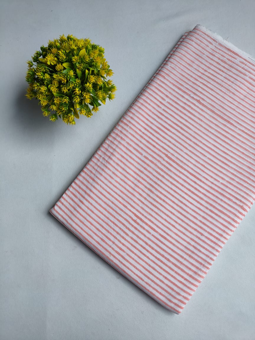 White Red Striped Jaipuri Hand Block Print Pure Cotton Fabric From Tulsi Prints
