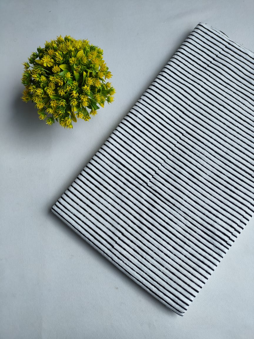 Black and White Stripes Sanganeri Block Print Pure Cotton Fabric From Tulsi Prints