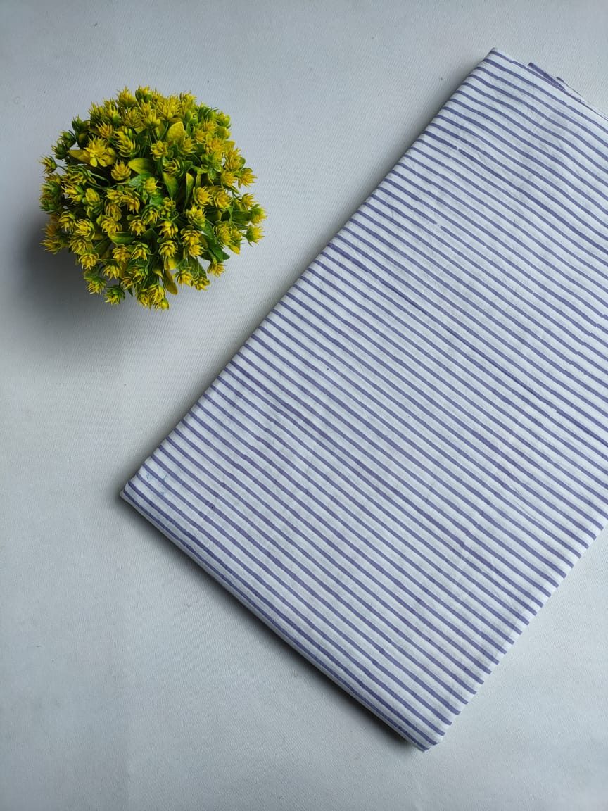White And Purple Striped Sanganeri Print Pure Cotton Fabric From Tulsi Prints