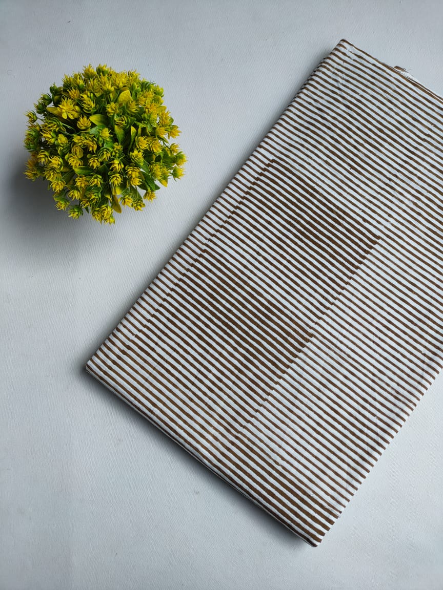 White Brown Striped Sanganeri Print Pure Cotton Fabric From Tulsi Prints
