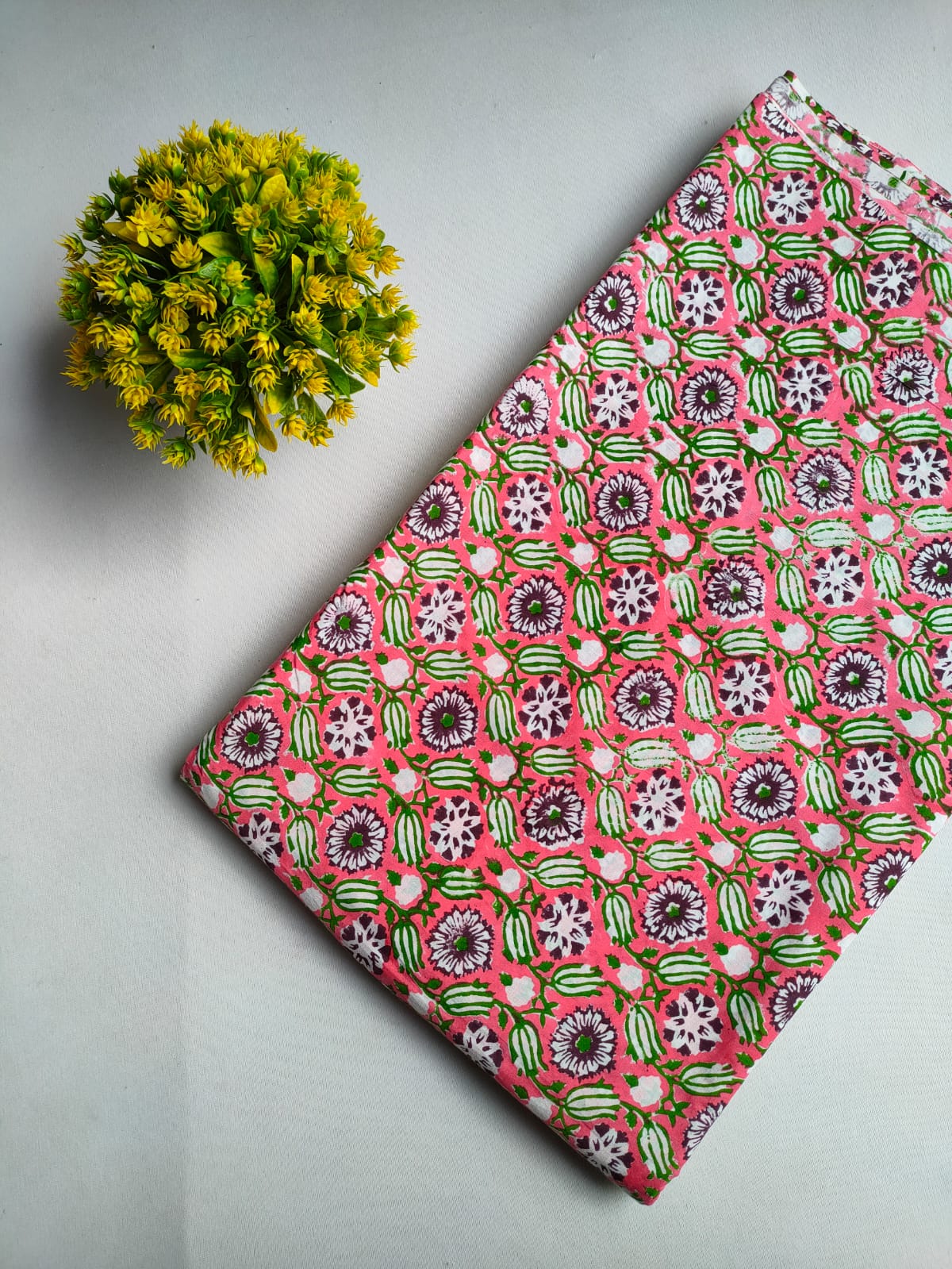 Pink Floral Vine Sanganeri Block Print Pure Cotton Fabric From Tulsi Prints