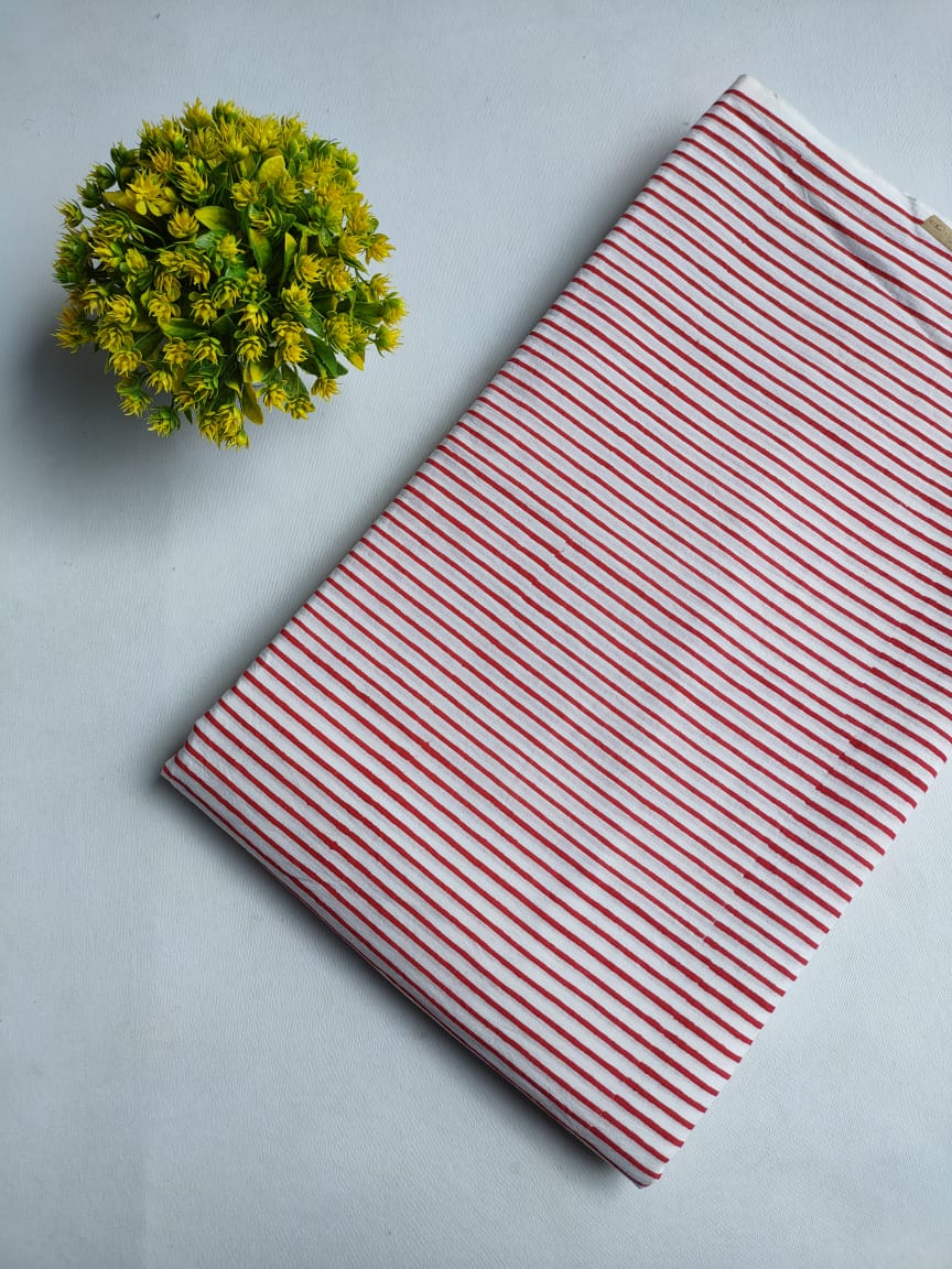 White Red Striped Sanganeri Hand Block Print Pure Cotton Fabric From Tulsi Prints