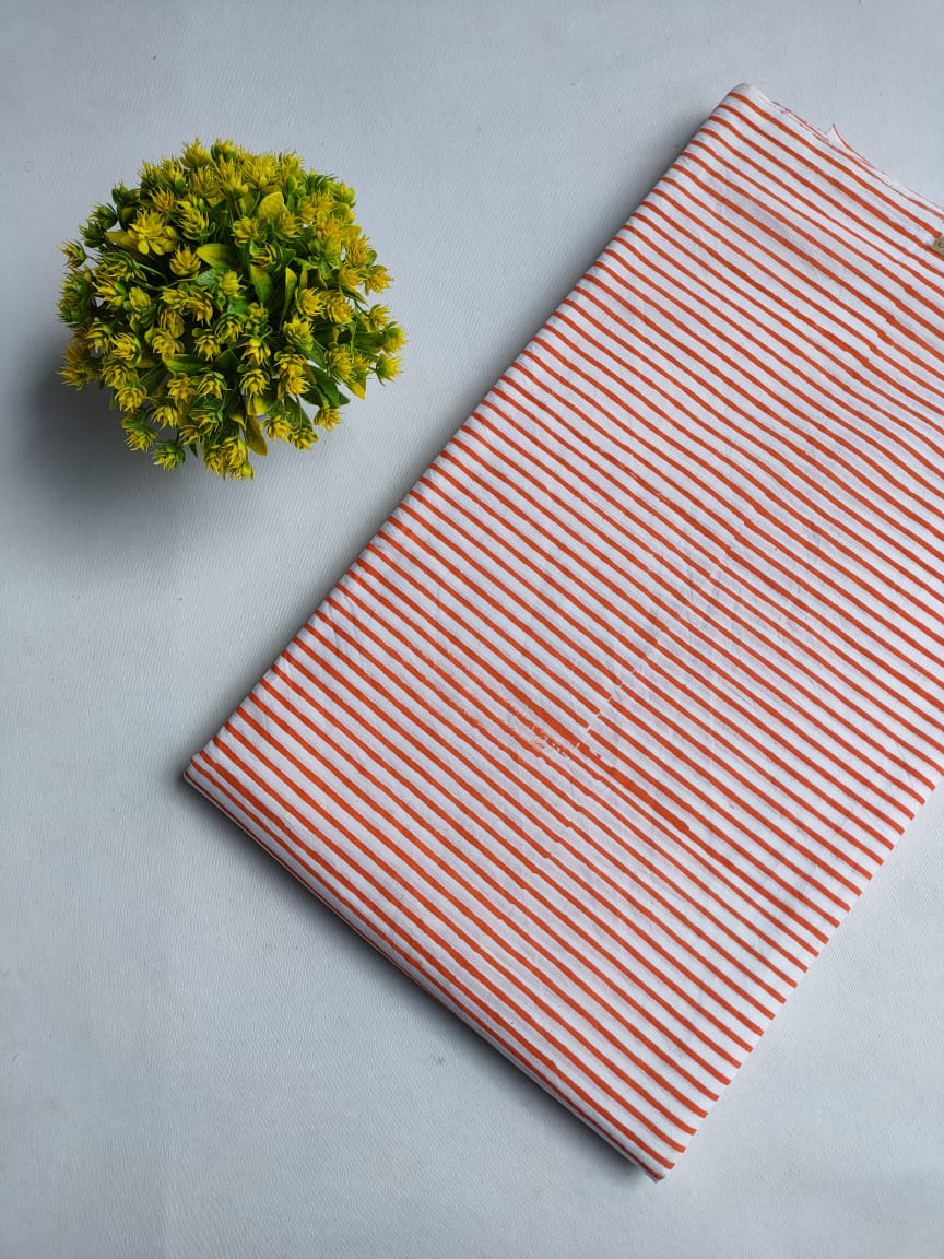 White And Orange Stripes Sanganeri Hand Block Print Pure Cotton Fabric From Tulsi Prints