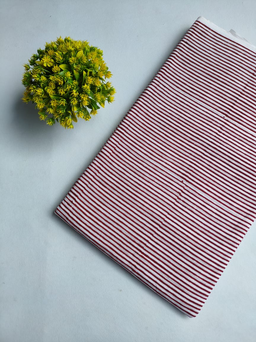 Maroon Striped Jaipuri Hand Block Print Pure Cotton Fabric From Tulsi Prints