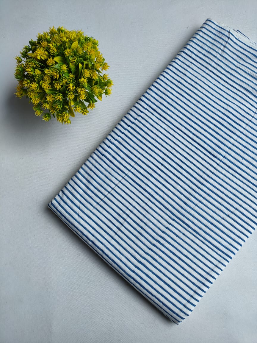 Blue and White Stripes Sanganeri Hand Block Print Pure Cotton Fabric From Tulsi Prints