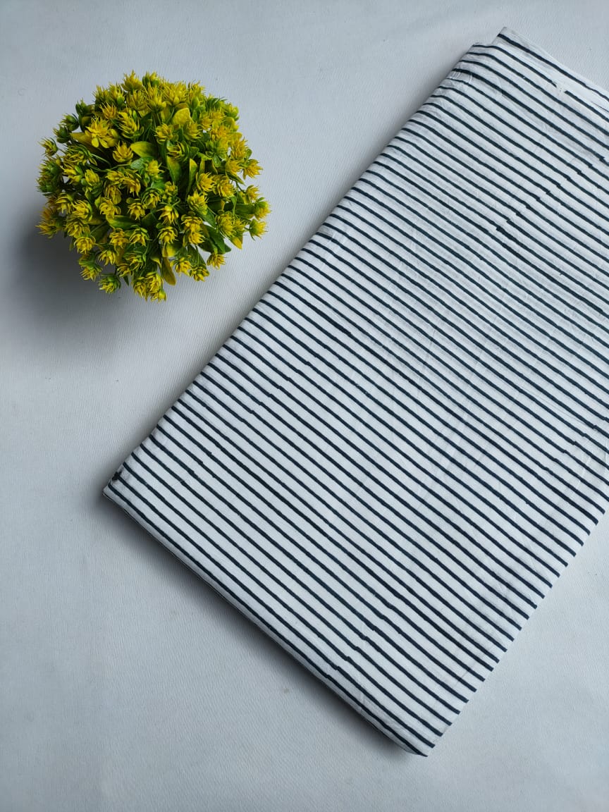 White And Black Striped Jaipuri Hand Block Print Pure Cotton Fabric From Tulsi Prints