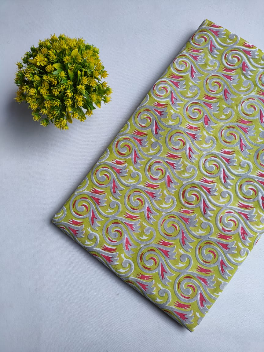 Lime Green Swirl Paisley Sanganeri Hand Block Print Pure Cotton Fabric From Tulsi Prints