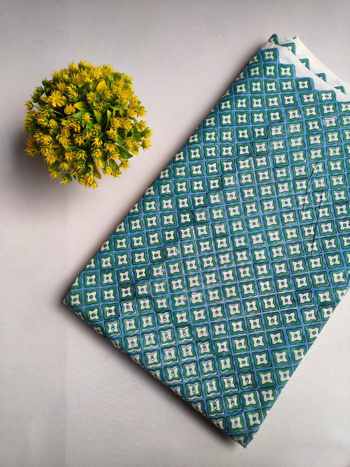 Blue and Green Geometric Jaipuri Block Print Pure Cotton Fabric From Tulsi Prints