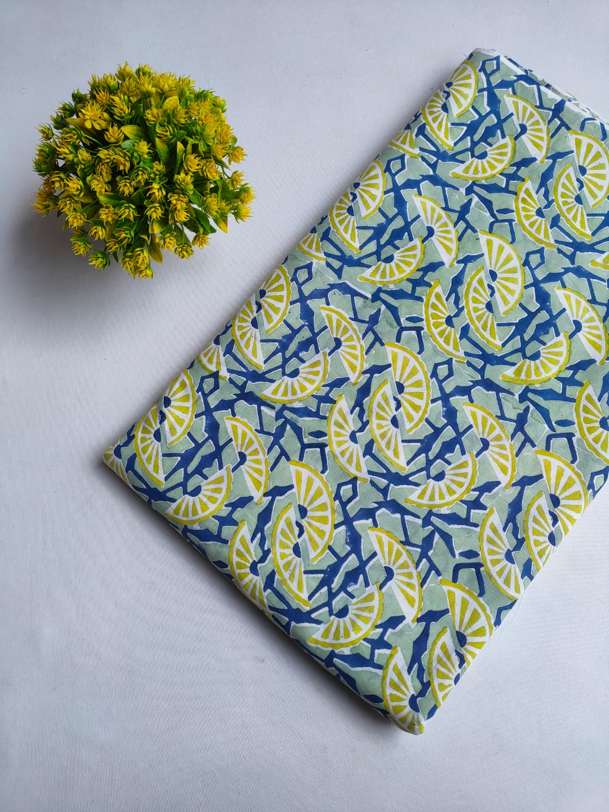 Sage Green And Blue Citrus Slice Sanganeri Hand Block Print Pure Cotton Fabric From Tulsi Prints