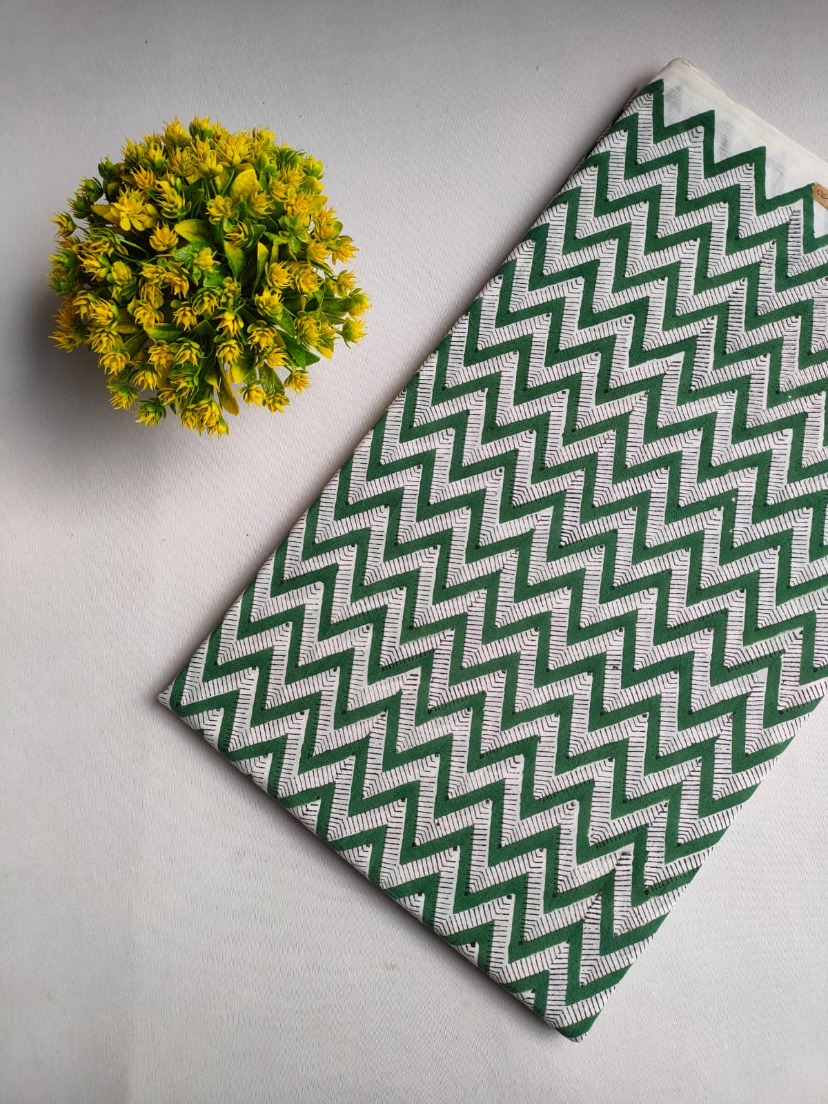 Green Zigzag Jaipuri Hand Block Print Pure Cotton Fabric From Tulsi Prints