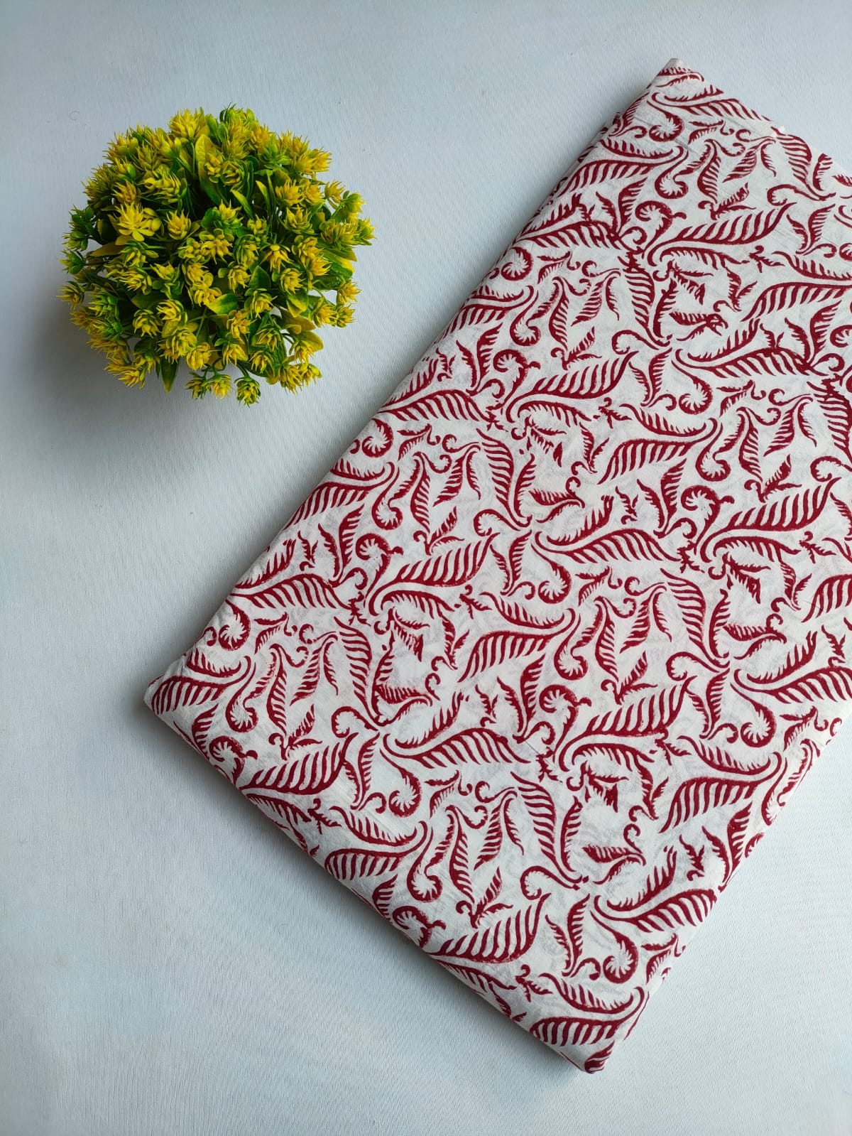 Off White And Maroon Floral Vine Sanganeri Block Print Pure Cotton Fabric From Tulsi Prints