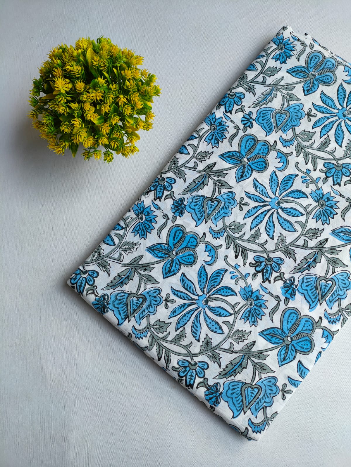 White Blue Floral Vine Jaipuri Hand Block Print Pure Cotton Fabric From Tulsi Prints