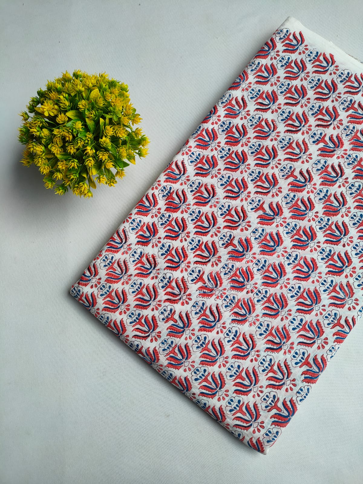 White Red Blue Floral Boota Sanganeri Print Pure Cotton Fabric From Tulsi Prints