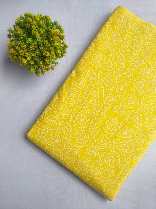 Yellow Leaf Sanganeri Hand Block Print Pure Cotton Fabric From Tulsi Prints