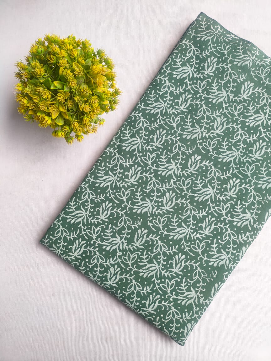 Green Floral Sanganeri Hand Block Print Cotton Fabric From Tulsi Prints