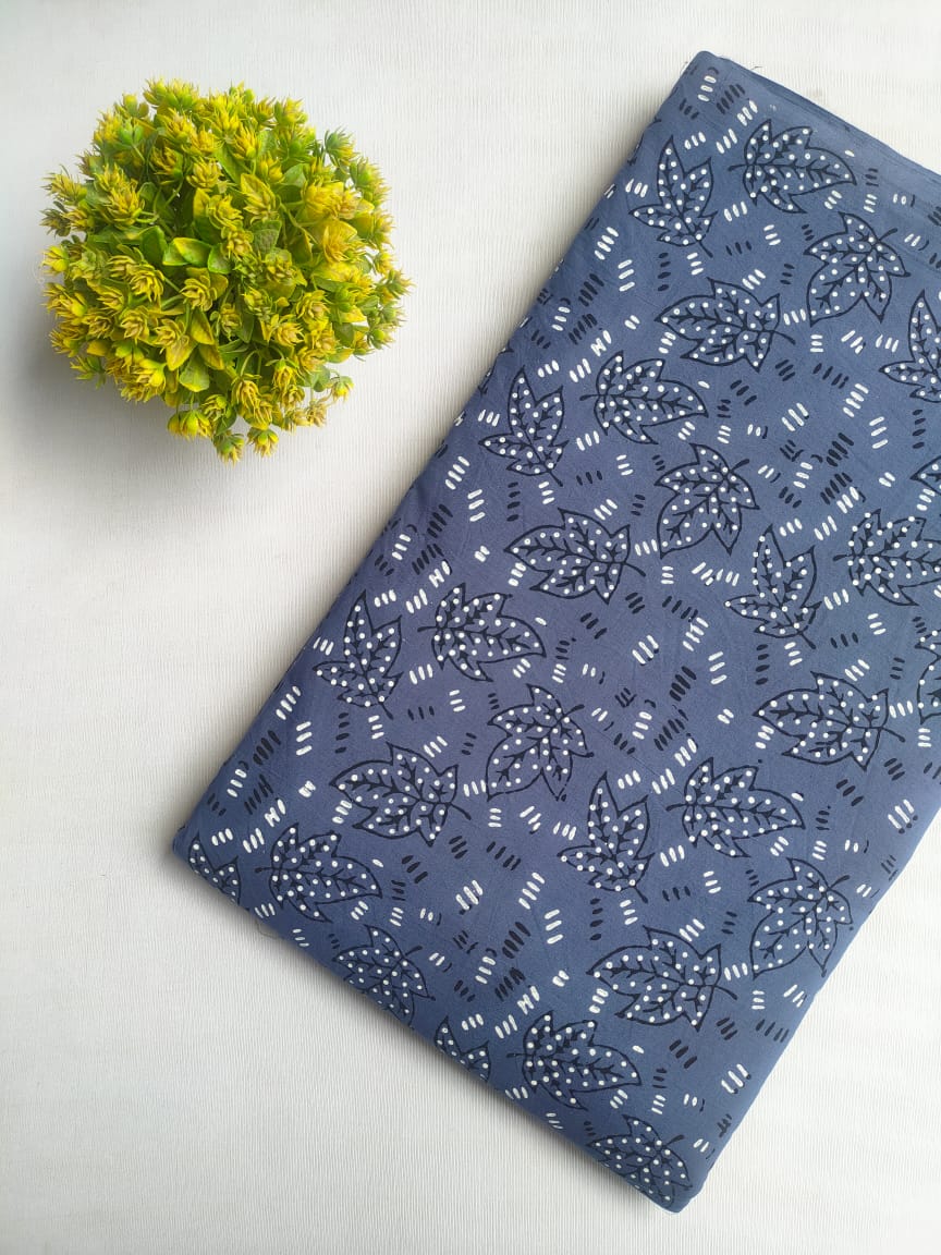 Blue Leaf Sanganeri Block Print Pure Cotton Fabric From Tulsi Prints