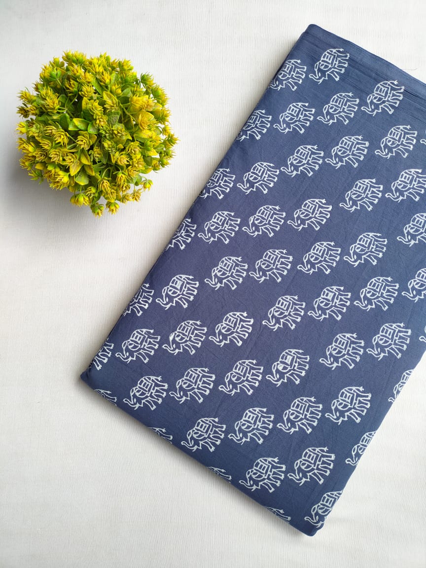Navy Blue Elephant Jaipuri Block Print Pure Cotton Fabric From Tulsi Prints