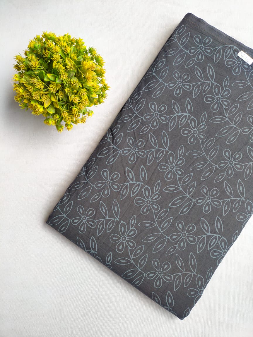 Charcoal Grey Floral Sanganeri Block Print Cotton Fabric From Tulsi Prints
