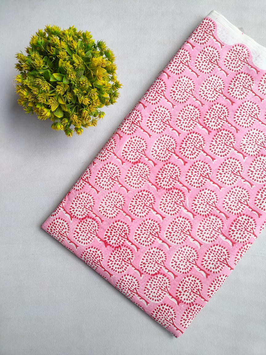 Pink Tree Motif Sanganeri Block Print Pure Cotton Fabric From Tulsi Prints