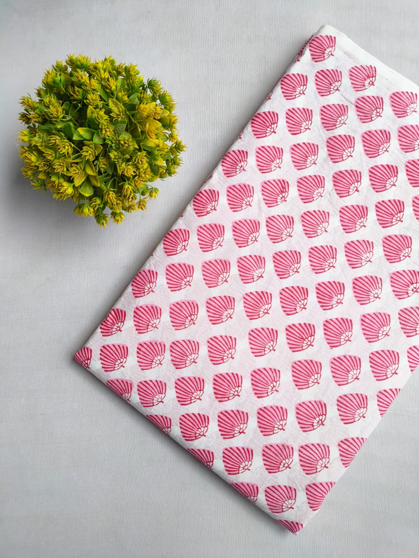 Pink Shell Sanganeri Block Print Pure Cotton Fabric From Tulsi Prints
