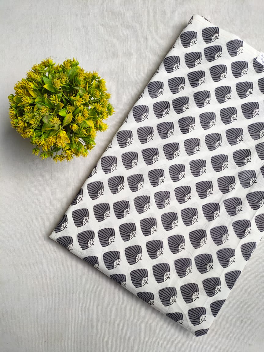 White Shell Print Sanganeri Block Print Cotton Fabric From Tulsi Prints