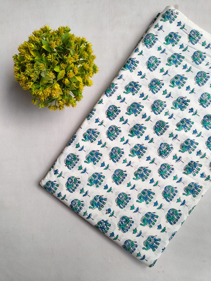 White Elephant Sanganeri Block Print Pure Cotton Fabric From Tulsi Prints