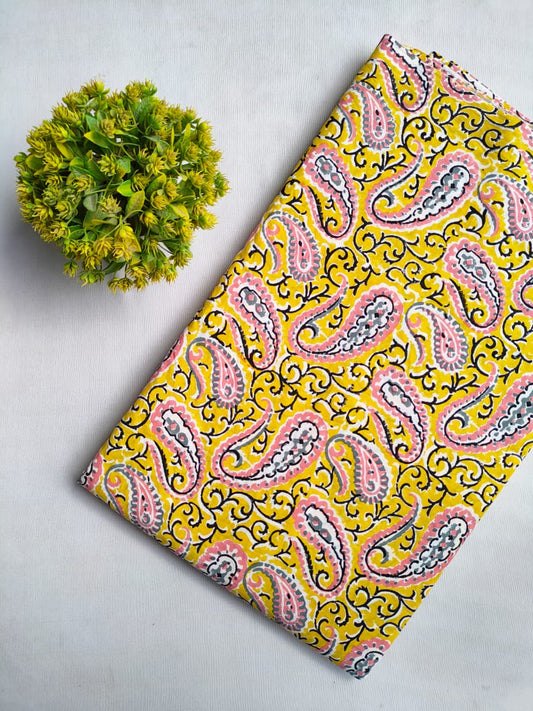 Yellow Paisley Sanganeri Hand Block Print Cotton Fabric From Tulsi Prints