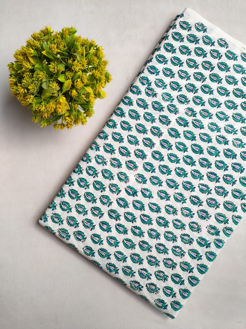White Leafy Sanganeri Print Pure Cotton Fabric From Tulsi Prints