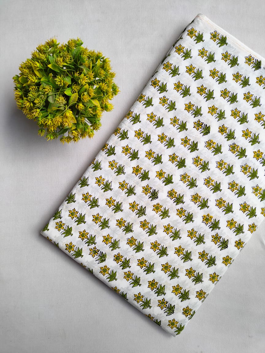 White Floral Sanganeri Hand Block Print Cotton Fabric From Tulsi Prints