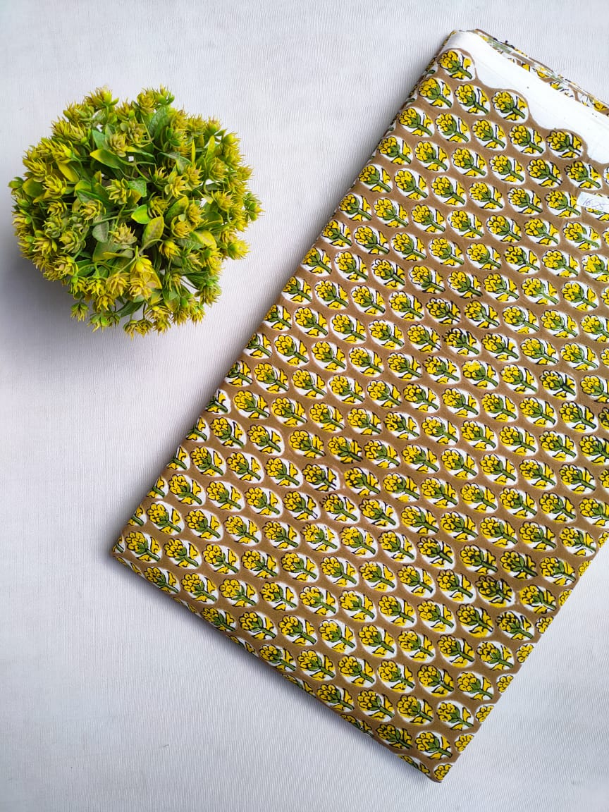 Brown Floral Sanganeri Hand Block Print Cotton Fabric From Tulsi Prints