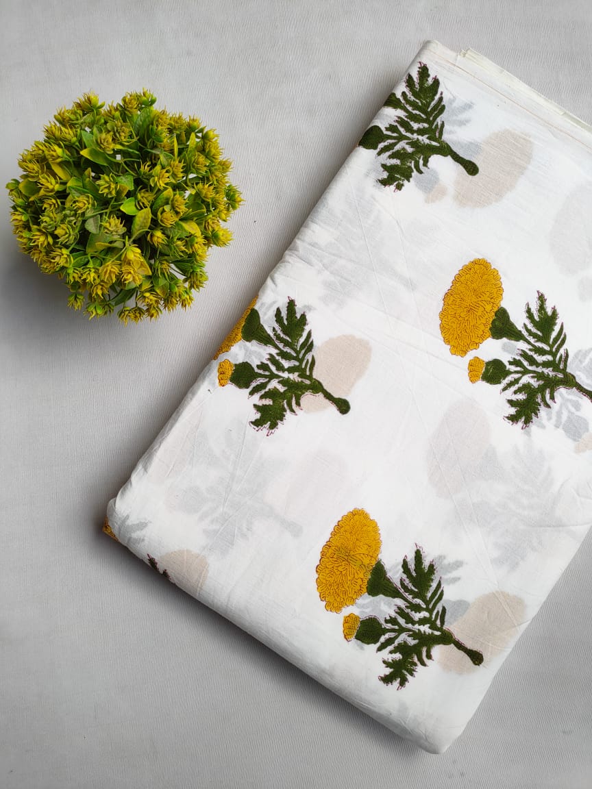 White Floral Sanganeri Hand Block Print Cotton Fabric From Tulsi Prints