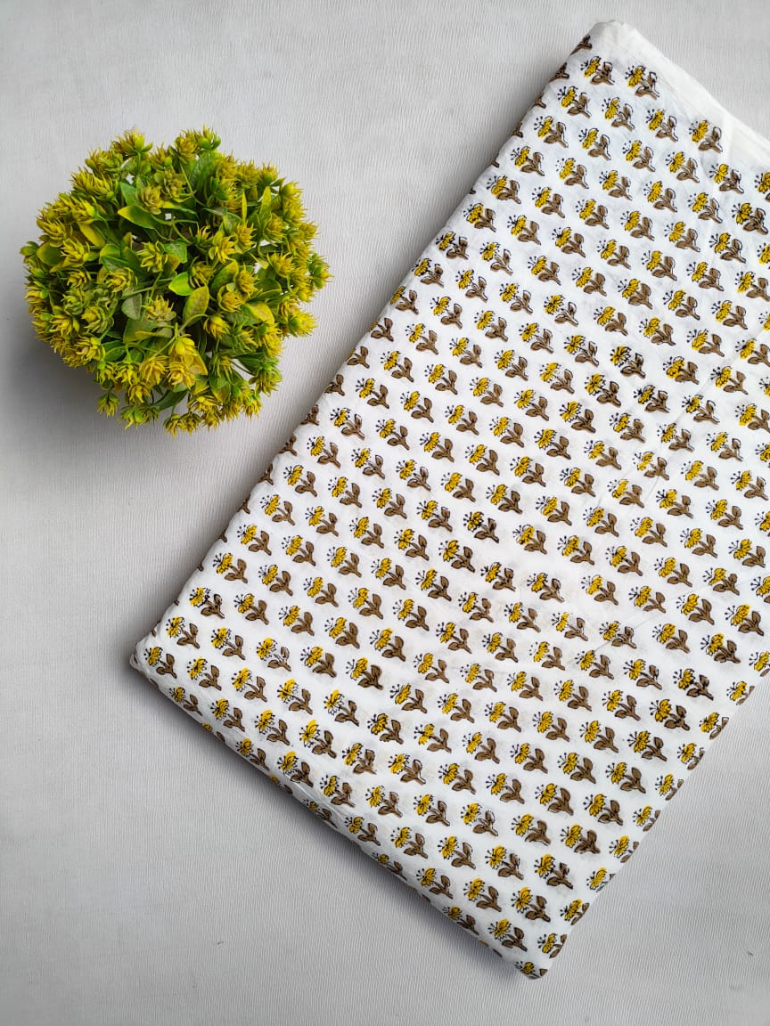 White Floral Sanganeri Block Print Cotton Fabric From Tulsi Prints
