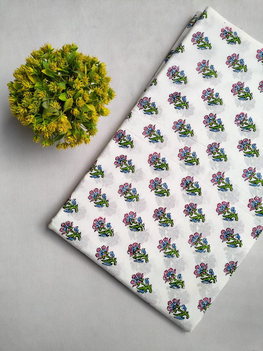 White Floral Sanganeri Hand Block Print Cotton Fabric From Tulsi Prints