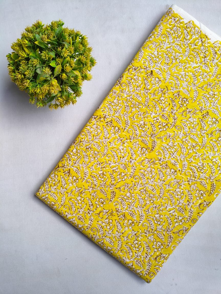Yellow Floral Sanganeri Hand Block Print Cotton Fabric From Tulsi Prints