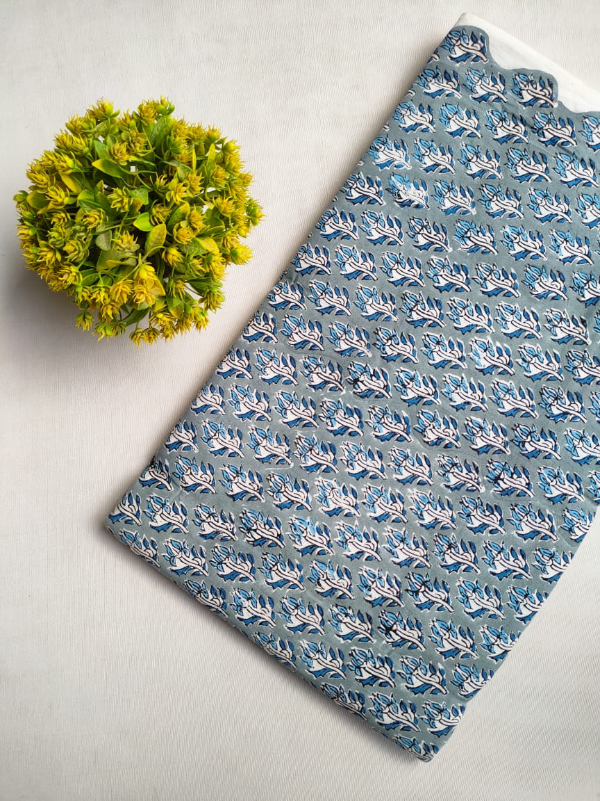 Blue Floral Sanganeri Block Print Cotton Fabric From Tulsi Prints