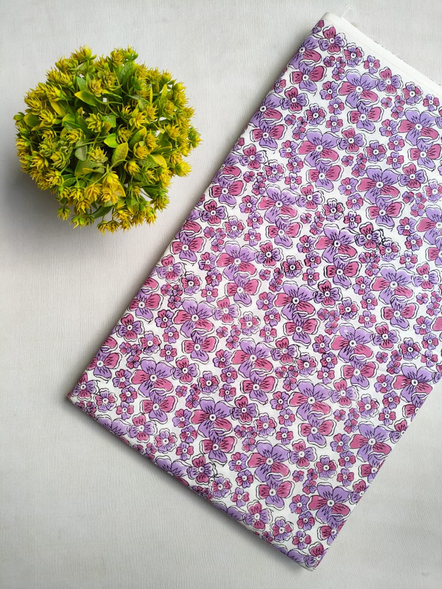 Pink Floral Sanganeri Hand Block Print Cotton Fabric From Tulsi Prints